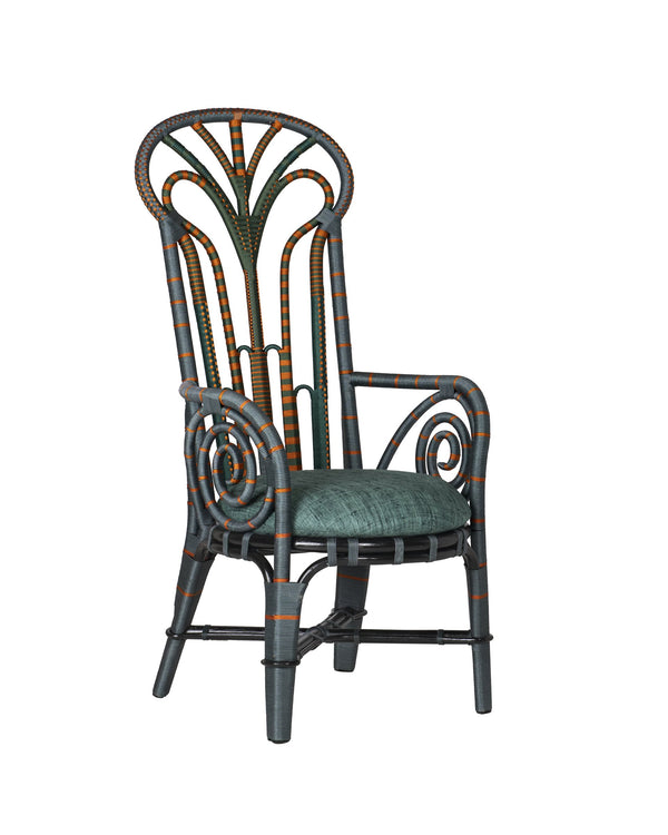 Currey & Company Benin Tall Back Rattan Armchair Bohemian Peacock Silhouette with Rope Wrapped Frame Green / Orange 7000-1052