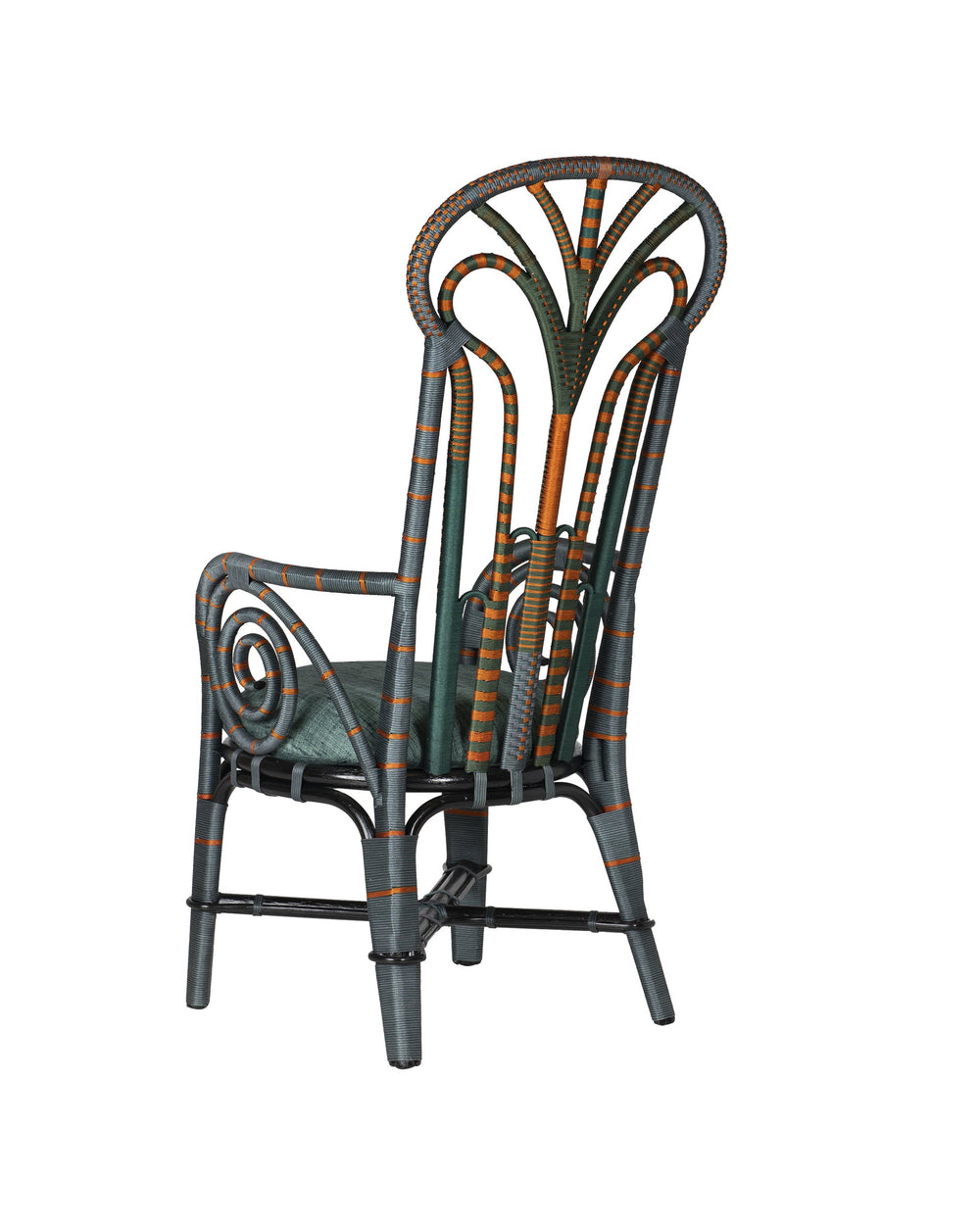 Currey & Company Benin Tall Back Rattan Armchair Bohemian Peacock Silhouette with Rope Wrapped Frame Green / Orange 7000-1052