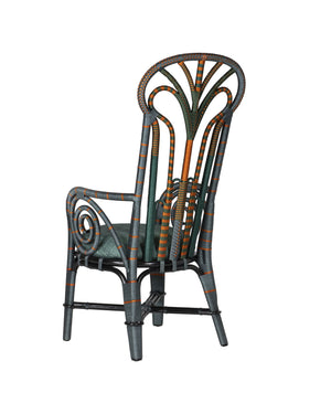 Currey & Company Benin Tall Back Rattan Armchair Bohemian Peacock Silhouette with Rope Wrapped Frame Green / Orange 7000-1052