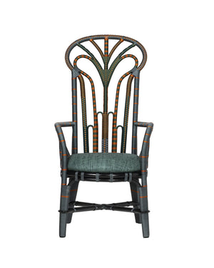 Currey & Company Benin Tall Back Rattan Armchair Bohemian Peacock Silhouette with Rope Wrapped Frame Green / Orange 7000-1052