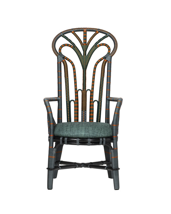 Currey & Company Benin Tall Back Rattan Armchair Bohemian Peacock Silhouette with Rope Wrapped Frame Green / Orange 7000-1052