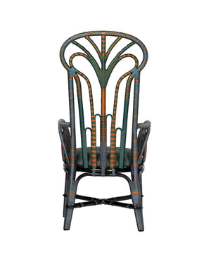 Currey & Company Benin Tall Back Rattan Armchair Bohemian Peacock Silhouette with Rope Wrapped Frame Green / Orange 7000-1052