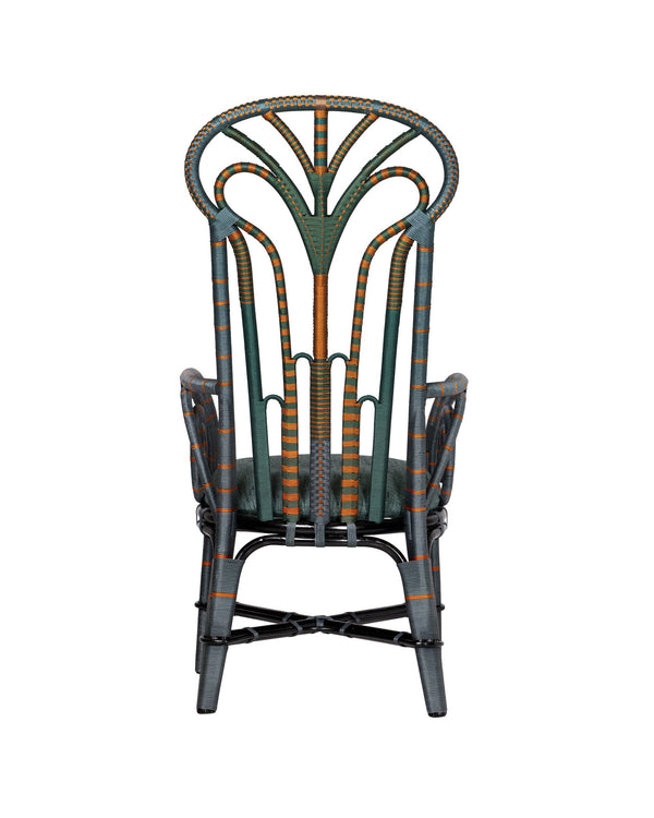 Currey & Company Benin Tall Back Rattan Armchair Bohemian Peacock Silhouette with Rope Wrapped Frame Green / Orange 7000-1052