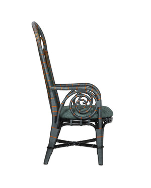 Currey & Company Benin Tall Back Rattan Armchair Bohemian Peacock Silhouette with Rope Wrapped Frame Green / Orange 7000-1052