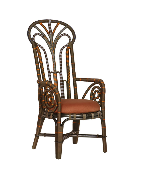 Currey & Company Benin Tall Back Rattan Armchair Bohemian Peacock Silhouette with Rope Wrapped Frame Brown / Orange 7000-1062