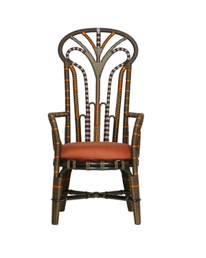 Currey & Company Benin Tall Back Rattan Armchair Bohemian Peacock Silhouette with Rope Wrapped Frame Brown / Orange 7000-1062