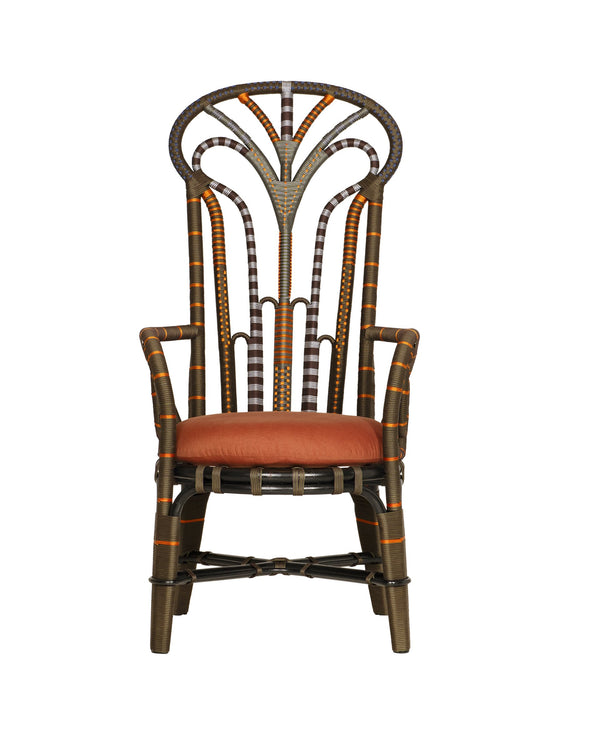 Currey & Company Benin Tall Back Rattan Armchair Bohemian Peacock Silhouette with Rope Wrapped Frame Brown / Orange 7000-1062