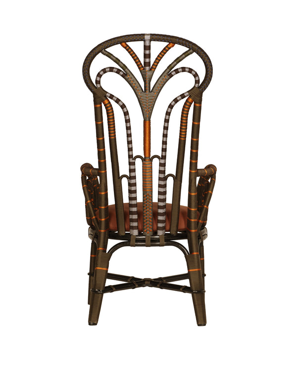 Currey & Company Benin Tall Back Rattan Armchair Bohemian Peacock Silhouette with Rope Wrapped Frame Brown / Orange 7000-1062