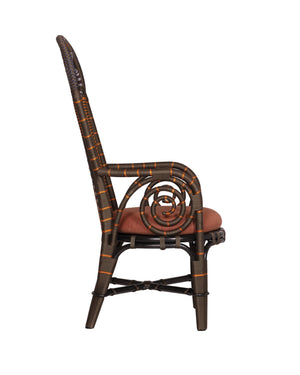 Currey & Company Benin Tall Back Rattan Armchair Bohemian Peacock Silhouette with Rope Wrapped Frame Brown / Orange 7000-1062
