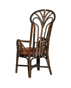 Currey & Company Benin Tall Back Rattan Armchair Bohemian Peacock Silhouette with Rope Wrapped Frame Brown / Orange 7000-1062