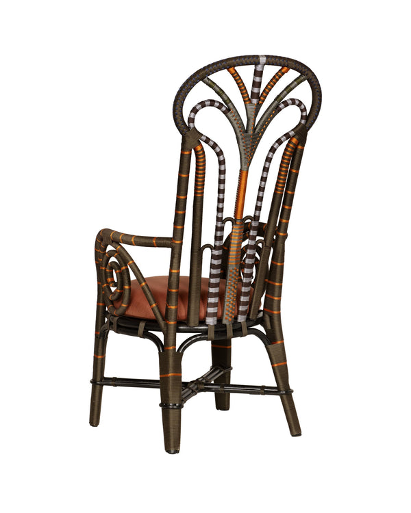 Currey & Company Benin Tall Back Rattan Armchair Bohemian Peacock Silhouette with Rope Wrapped Frame Brown / Orange 7000-1062