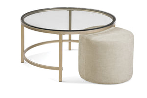 Basset Mirror Anderson Round Cocktail Table With Antique Gold Metal Base & Cream Chenille Ottoman - Modern Elegance Gold Steel,Glass 7000-120-133