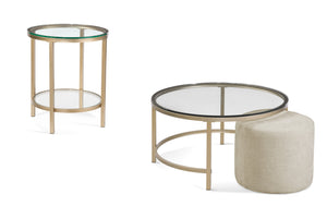 Basset Mirror Anderson Round Cocktail Table With Antique Gold Metal Base & Cream Chenille Ottoman - Modern Elegance Gold Steel,Glass 7000-120-133