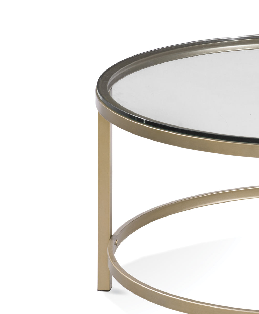 Basset Mirror Anderson Round Cocktail Table With Antique Gold Metal Base & Cream Chenille Ottoman - Modern Elegance Gold Steel,Glass 7000-120-133