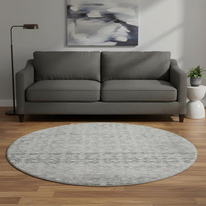 HomeRoots 8' Gray and Silver Striped Washable Round Rug - Durable, Stain Resistant, UV Protected for Any Space 700002