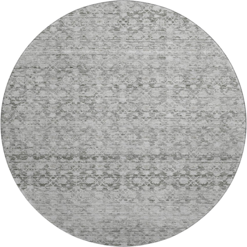 HomeRoots 8' Gray and Silver Striped Washable Round Rug - Durable, Stain Resistant, UV Protected for Any Space 700002