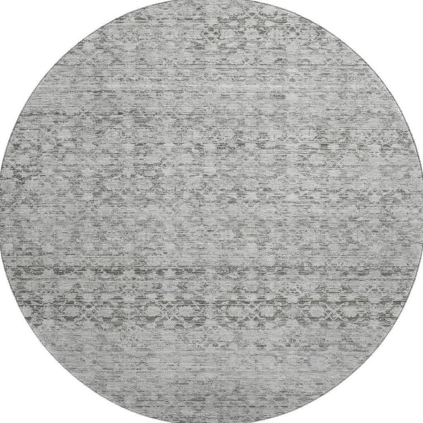 HomeRoots 8' Gray and Silver Striped Washable Round Rug - Durable, Stain Resistant, UV Protected for Any Space 700002
