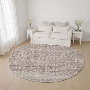 HomeRoots 8' Taupe and Beige Striped Washable Round Rug - UV Protected, Stain Resistant, Ideal for High Traffic Areas 700008