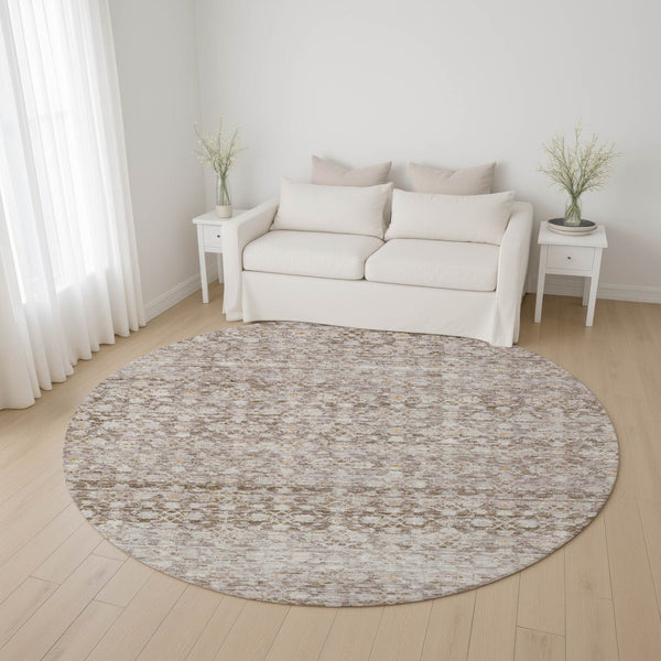 HomeRoots 8' Taupe and Beige Striped Washable Round Rug - UV Protected, Stain Resistant, Ideal for High Traffic Areas 700008