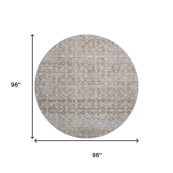 HomeRoots 8' Taupe and Beige Striped Washable Round Rug - UV Protected, Stain Resistant, Ideal for High Traffic Areas 700008