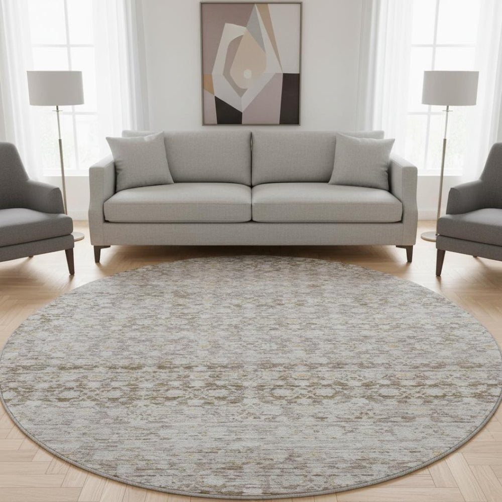 HomeRoots 8' Taupe and Beige Striped Washable Round Rug - UV Protected, Stain Resistant, Ideal for High Traffic Areas 700008
