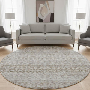 HomeRoots 8' Taupe and Beige Striped Washable Round Rug - UV Protected, Stain Resistant, Ideal for High Traffic Areas 700008