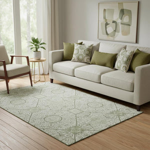 HomeRoots 5' X 8' Artichoke Green & Ivory Geometric Washable Area Rug – UV Protected, Durable, Stylish Design 700013