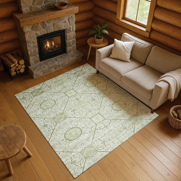 HomeRoots 5' X 8' Artichoke Green & Ivory Geometric Washable Area Rug – UV Protected, Durable, Stylish Design 700013