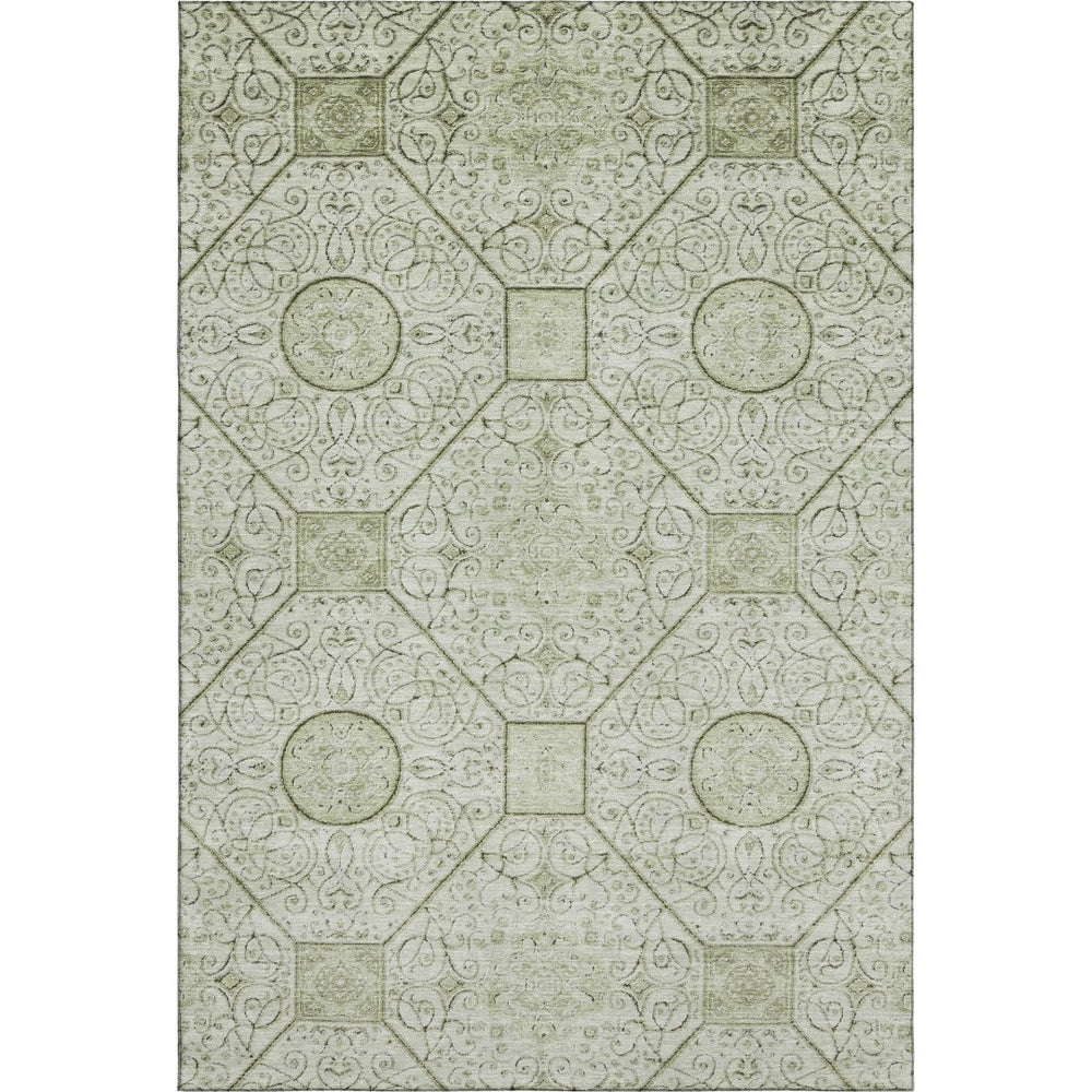 HomeRoots 5' X 8' Artichoke Green & Ivory Geometric Washable Area Rug – UV Protected, Durable, Stylish Design 700013