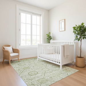 HomeRoots 5' X 8' Artichoke Green & Ivory Geometric Washable Area Rug – UV Protected, Durable, Stylish Design 700013