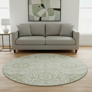 HomeRoots 8' Artichoke Green & Ivory Geometric Washable Round Rug - Durable, UV-Protected & Easy-Clean Design 700014