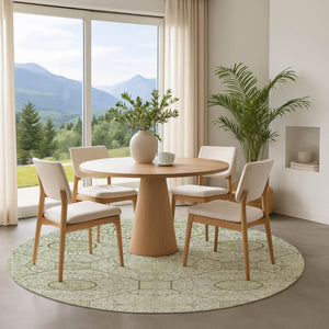 HomeRoots 8' Artichoke Green & Ivory Geometric Washable Round Rug - Durable, UV-Protected & Easy-Clean Design 700014