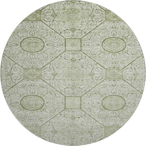 HomeRoots 8' Artichoke Green & Ivory Geometric Washable Round Rug - Durable, UV-Protected & Easy-Clean Design 700014