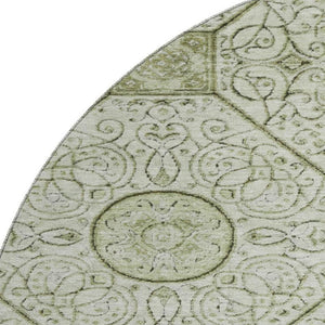HomeRoots 8' Artichoke Green & Ivory Geometric Washable Round Rug - Durable, UV-Protected & Easy-Clean Design 700014