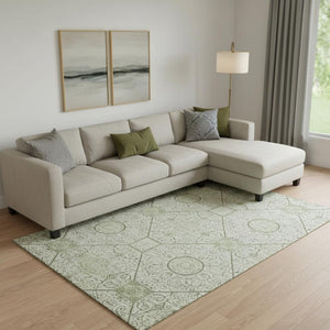 HomeRoots 9' X 12' Artichoke Green Geometric Washable Area Rug - UV Protected, Stain-Resistant, Non-Slip Design 700016