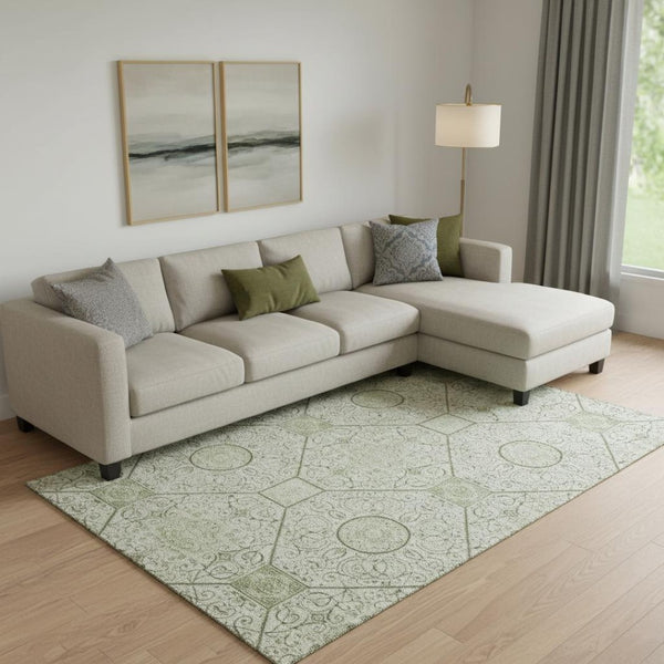 HomeRoots 9' X 12' Artichoke Green Geometric Washable Area Rug - UV Protected, Stain-Resistant, Non-Slip Design 700016