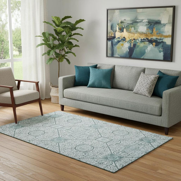 HomeRoots 5' X 8' Aqua & Ivory Geometric Area Rug - Washable, UV-Protected, Durable for Homes with Kids & Pets 700019