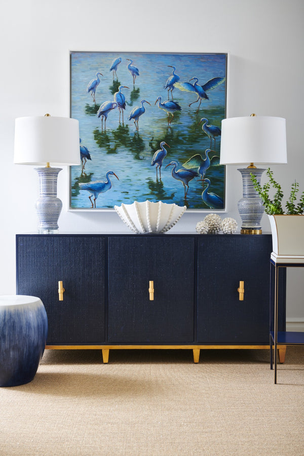 Chelsea House Beehive Ceramic Urn Lamp In Blue & White Glaze With Antique Brass Mounting — Sculptural Ambient Light 70002