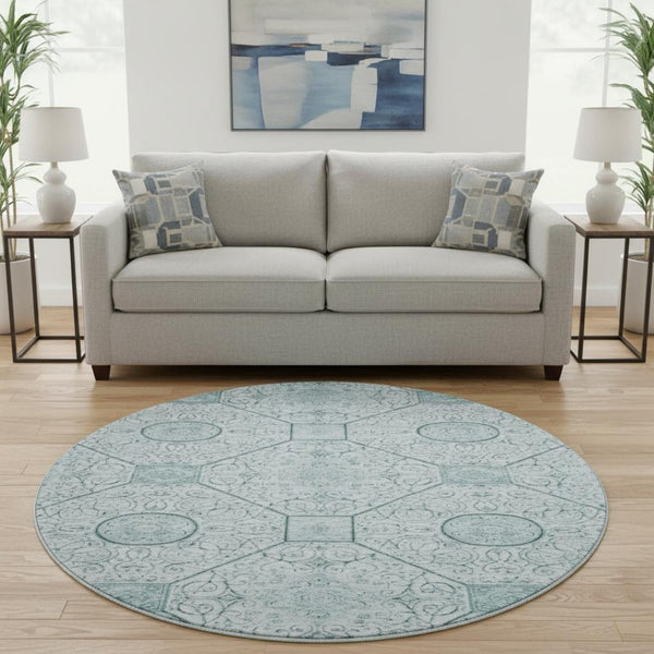 HomeRoots 8' Aqua and Ivory Geometric Round Rug - Washable, UV Protected, Stylish & Durable for Any Space! 700020