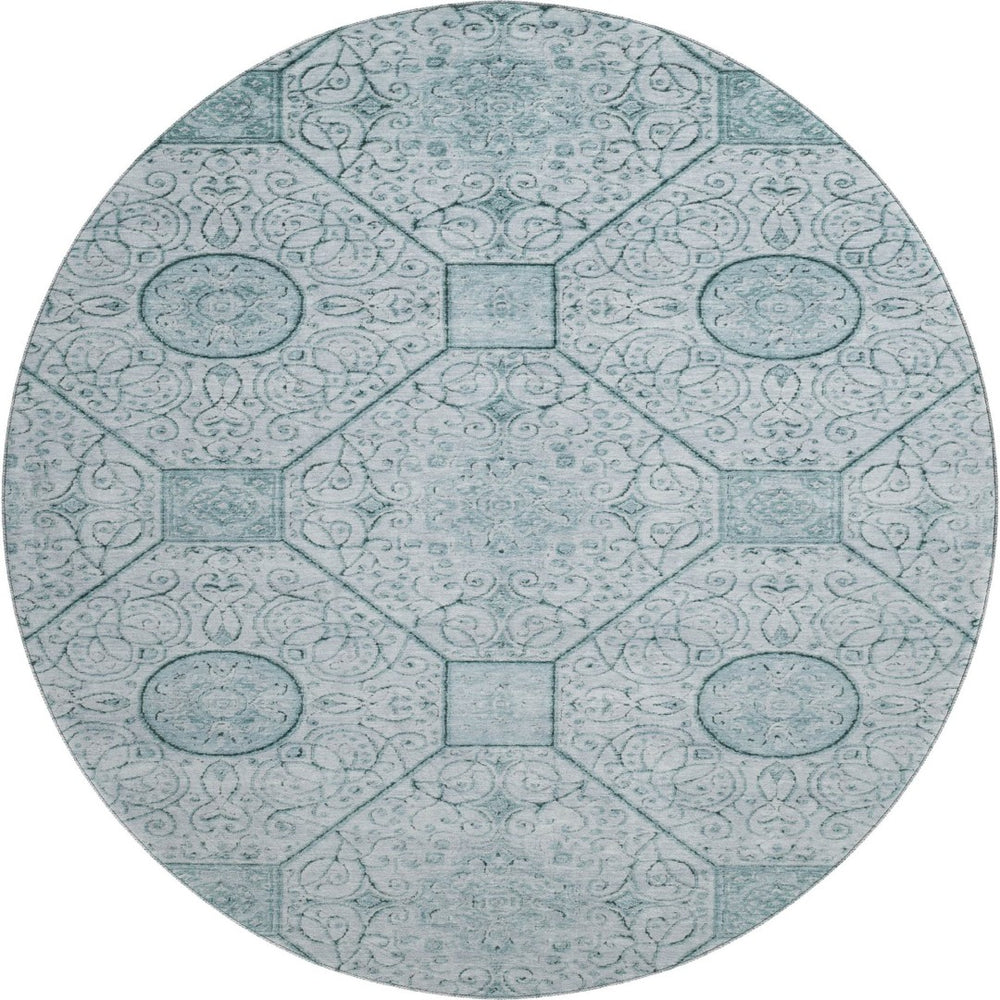 HomeRoots 8' Aqua and Ivory Geometric Round Rug - Washable, UV Protected, Stylish & Durable for Any Space! 700020