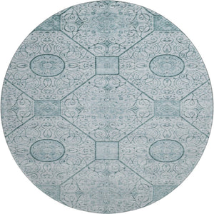HomeRoots 8' Aqua and Ivory Geometric Round Rug - Washable, UV Protected, Stylish & Durable for Any Space! 700020