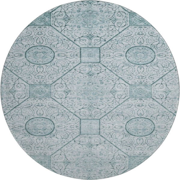 HomeRoots 8' Aqua and Ivory Geometric Round Rug - Washable, UV Protected, Stylish & Durable for Any Space! 700020