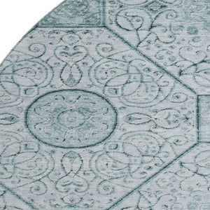 HomeRoots 8' Aqua and Ivory Geometric Round Rug - Washable, UV Protected, Stylish & Durable for Any Space! 700020