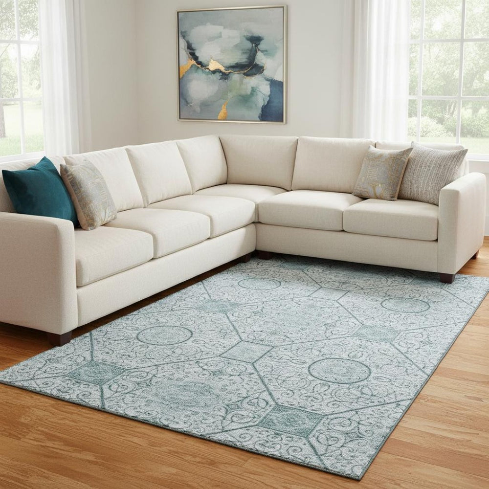 HomeRoots 8' X 10' Geometric Aqua & Ivory Washable Area Rug with UV Protection for Modern Living Spaces 700021