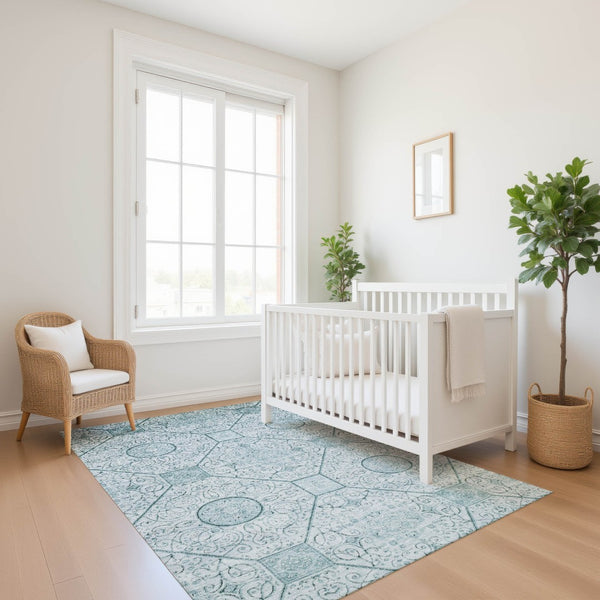 HomeRoots 8' X 10' Geometric Aqua & Ivory Washable Area Rug with UV Protection for Modern Living Spaces 700021