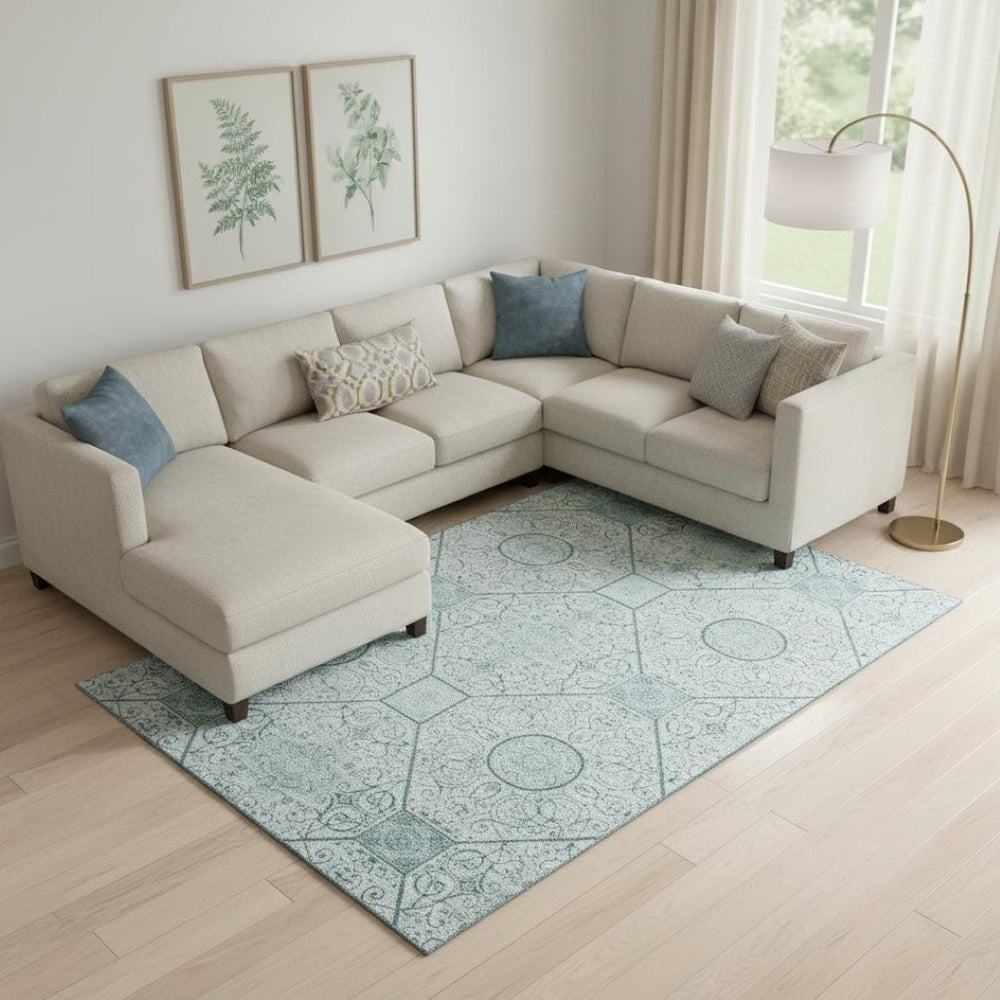 HomeRoots 9' X 12' Aqua and Ivory Geometric Area Rug - Soft, Durable, Washable with UV Protection for Families 700022