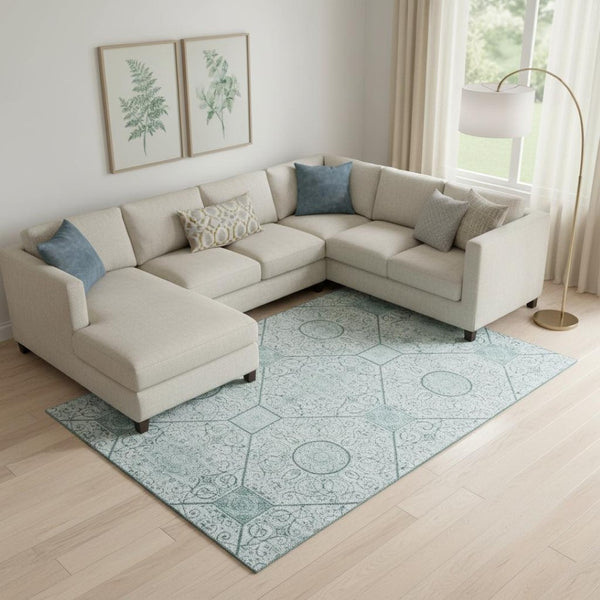 HomeRoots 9' X 12' Aqua and Ivory Geometric Area Rug - Soft, Durable, Washable with UV Protection for Families 700022