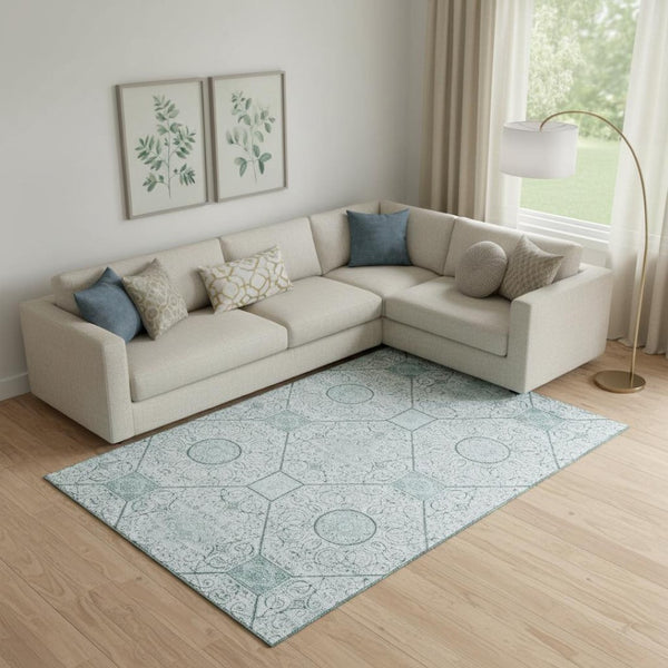 HomeRoots 10' Aqua and Ivory Geometric Area Rug - Washable, UV Protected, Stain Resistant for Busy Homes! 700023