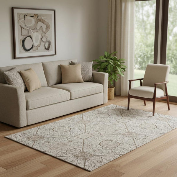 HomeRoots 5' X 8' Beige and Brown Geometric Area Rug - Washable, UV Resistant, Stain-Proof, Modern Design 700025