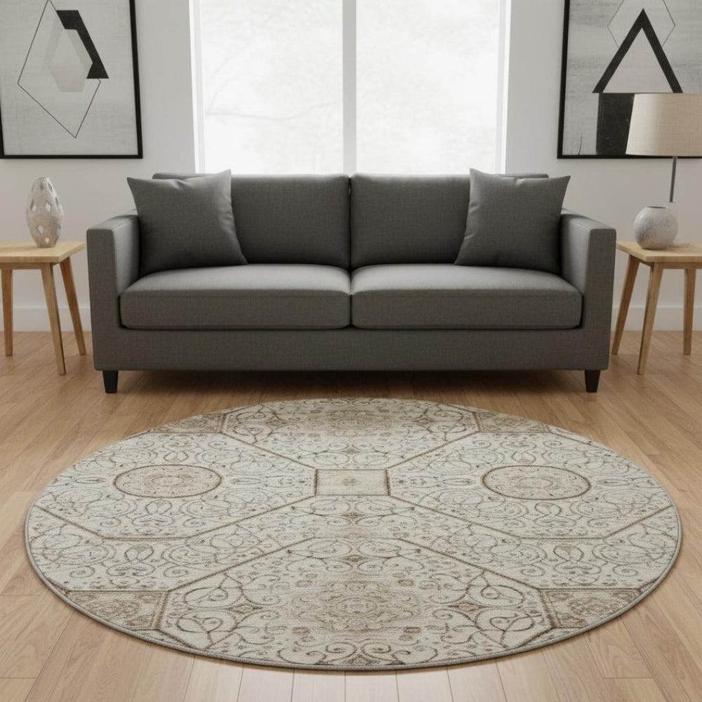HomeRoots 8' Beige and Brown Round Rug with Geometric Design, Stain Resistance & UV Protection for Your Home 700026